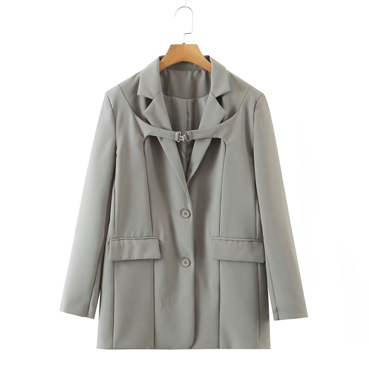 Blazer droit mi-long pour femme, taille S, style automne. Col à fermoir métallique.