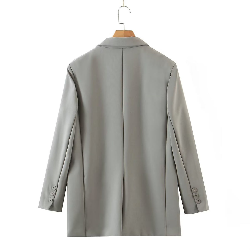 Blazer droit mi-long pour femme, taille S, style automne. Col à fermoir métallique.