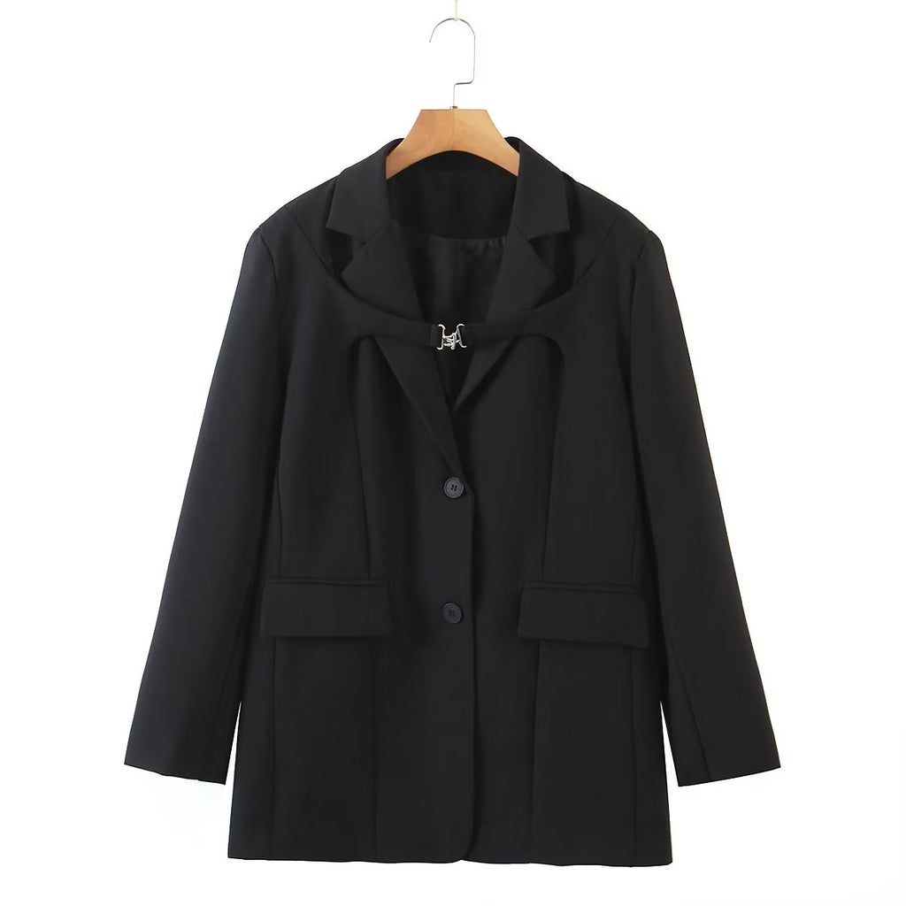 Blazer droit mi-long pour femme, taille S, style automne. Col à fermoir métallique.