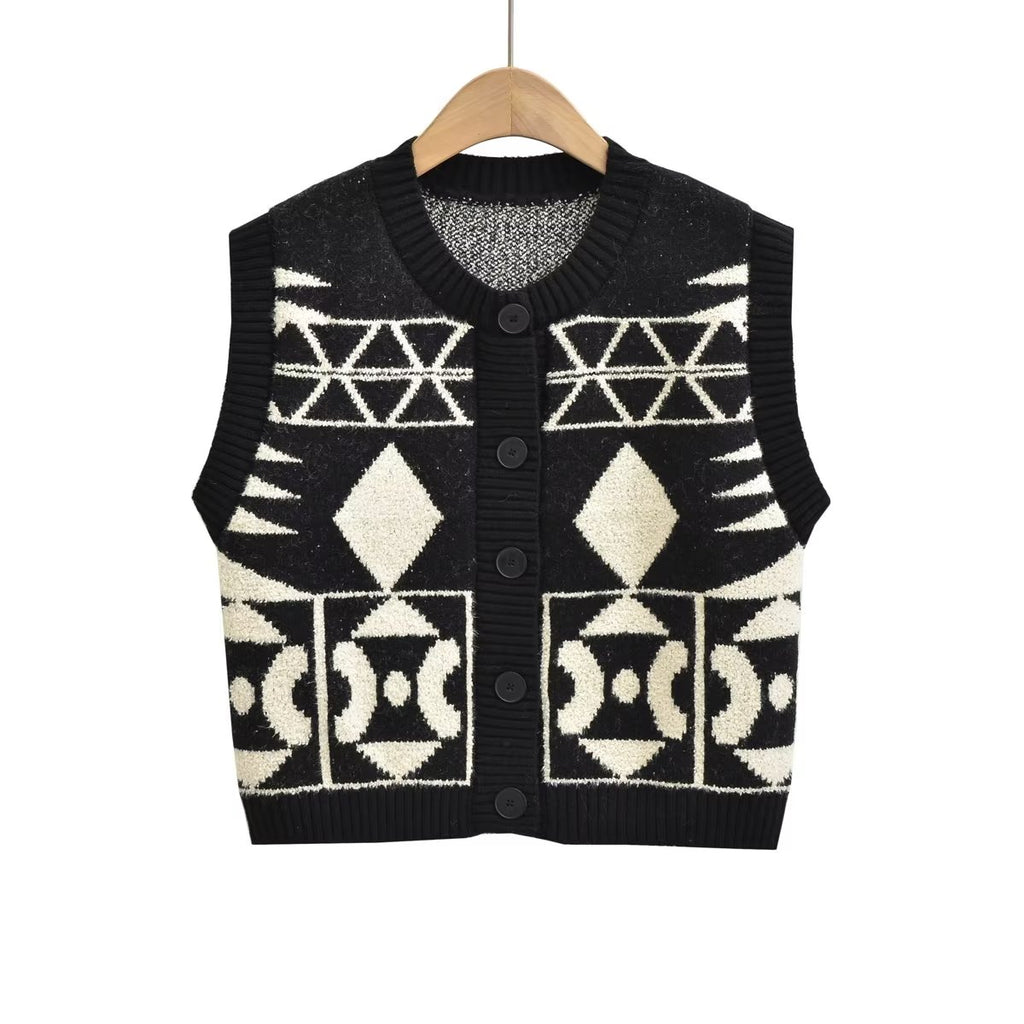 Fall Women Clothing Stylish Simple Breasted round Neck Long Sleeve Contrast Color Jacquard Vest Knitted Vest