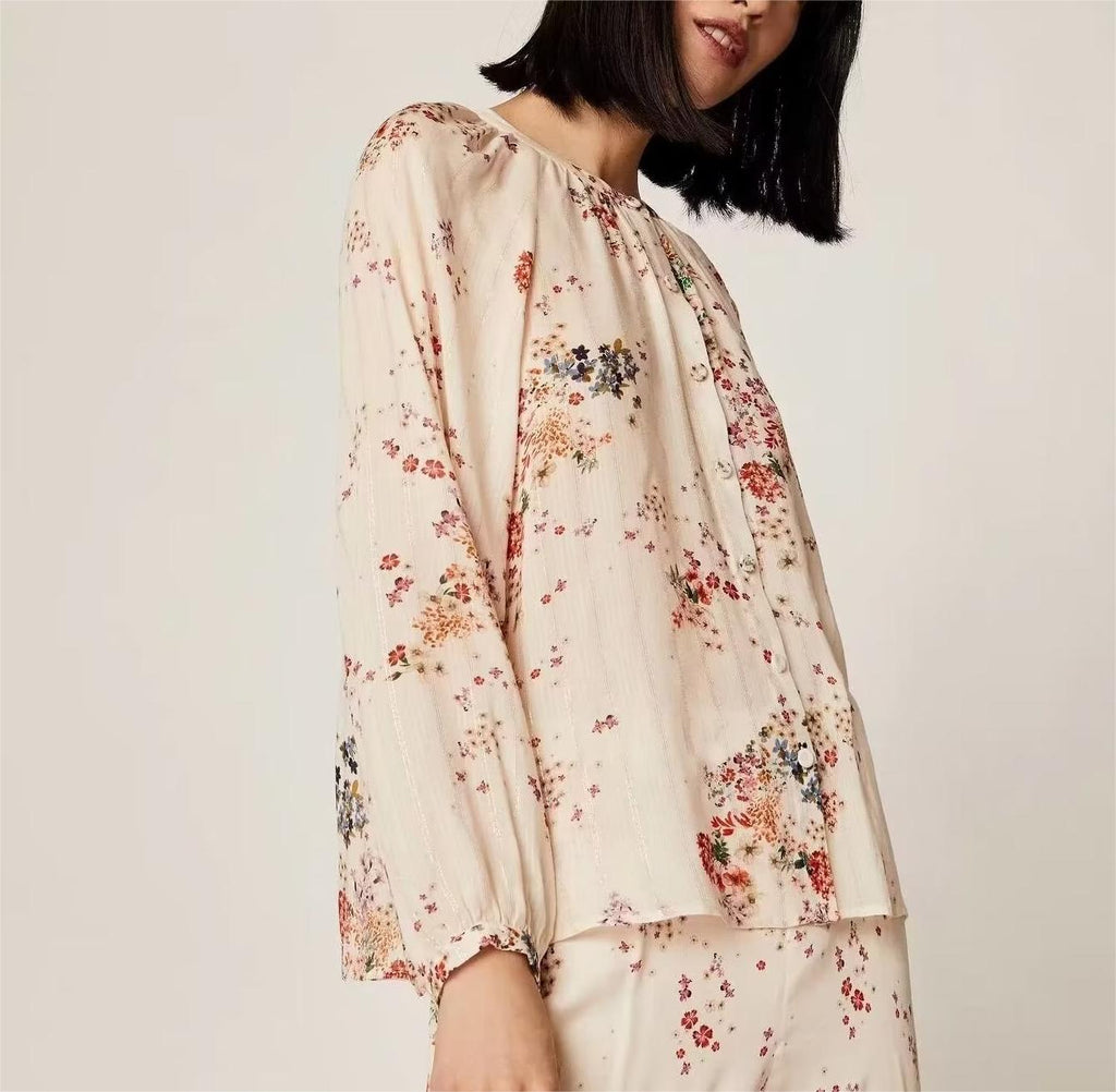 Autumn Gold Silk Chiffon Printed Round Neck Cardigan Shirt Top