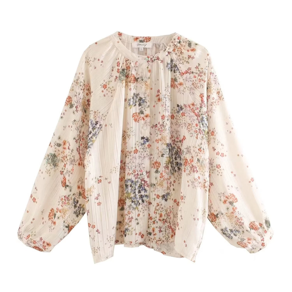 Autumn Gold Silk Chiffon Printed Round Neck Cardigan Shirt Top