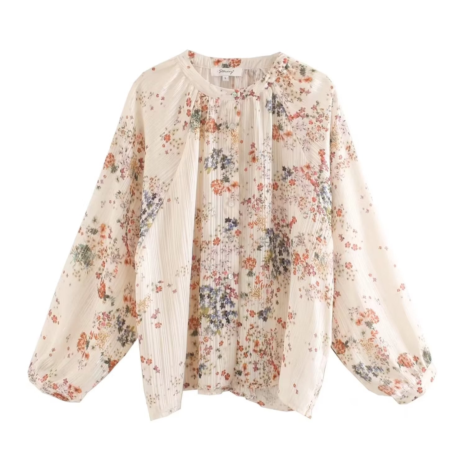 Autumn Gold Silk Chiffon Printed Round Neck Cardigan Shirt Top