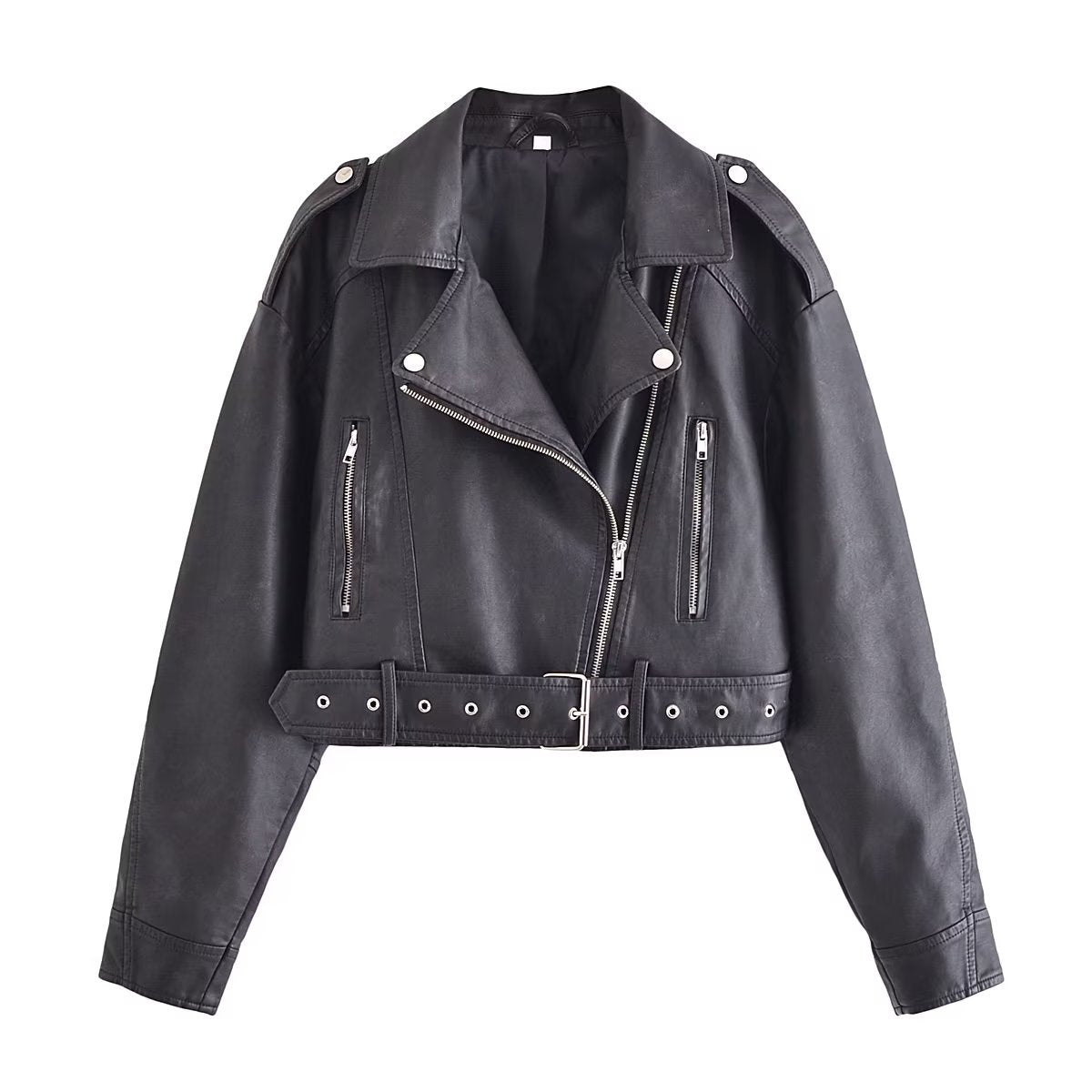 Spring Women Clothing Zipper Ornament Motorcycle Leather Coat Black Leather Jacket Coat