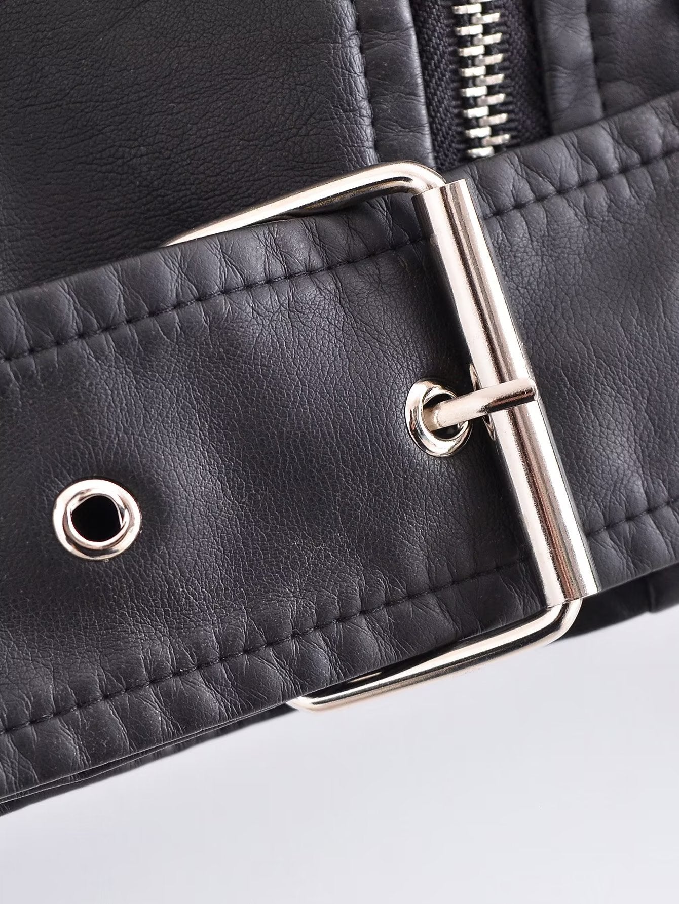 Chaqueta de cuero negra con cremallera y adorno para mujer, abrigo de cuero para motocicleta, primavera