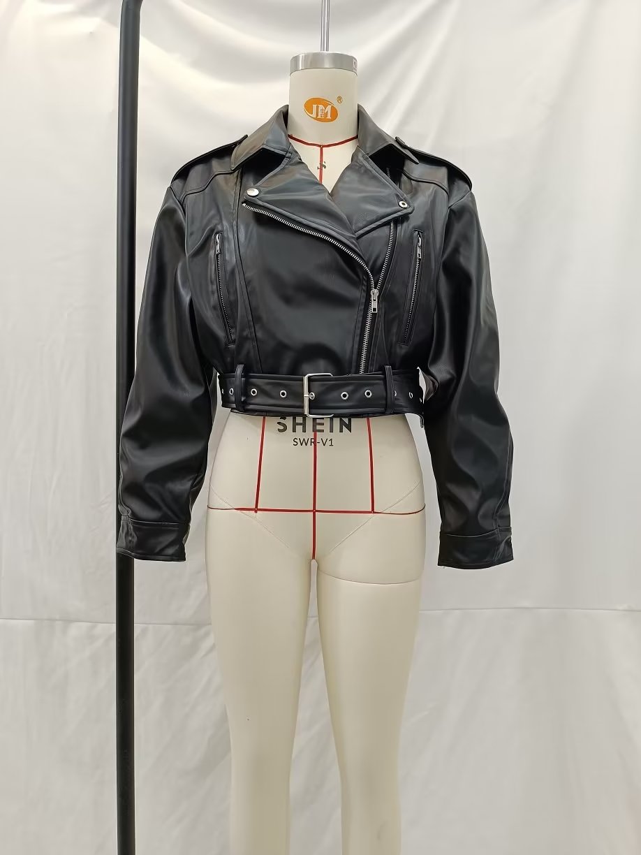 Chaqueta de cuero negra con cremallera y adorno para mujer, abrigo de cuero para motocicleta, primavera