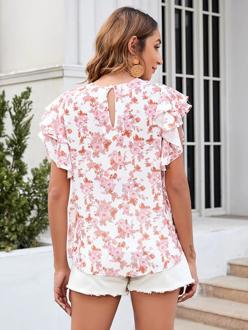 Women Summer round Neck Printed Ruffled Short Sleeves Chiffon Shirt Floral Pullover T shirt
