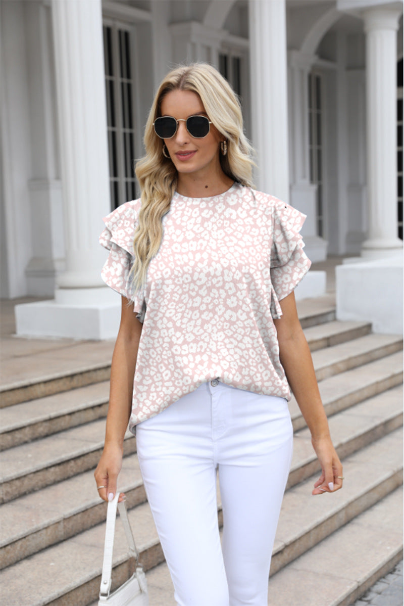 Women Summer round Neck Printed Ruffled Short Sleeves Chiffon Shirt Floral Pullover T shirt