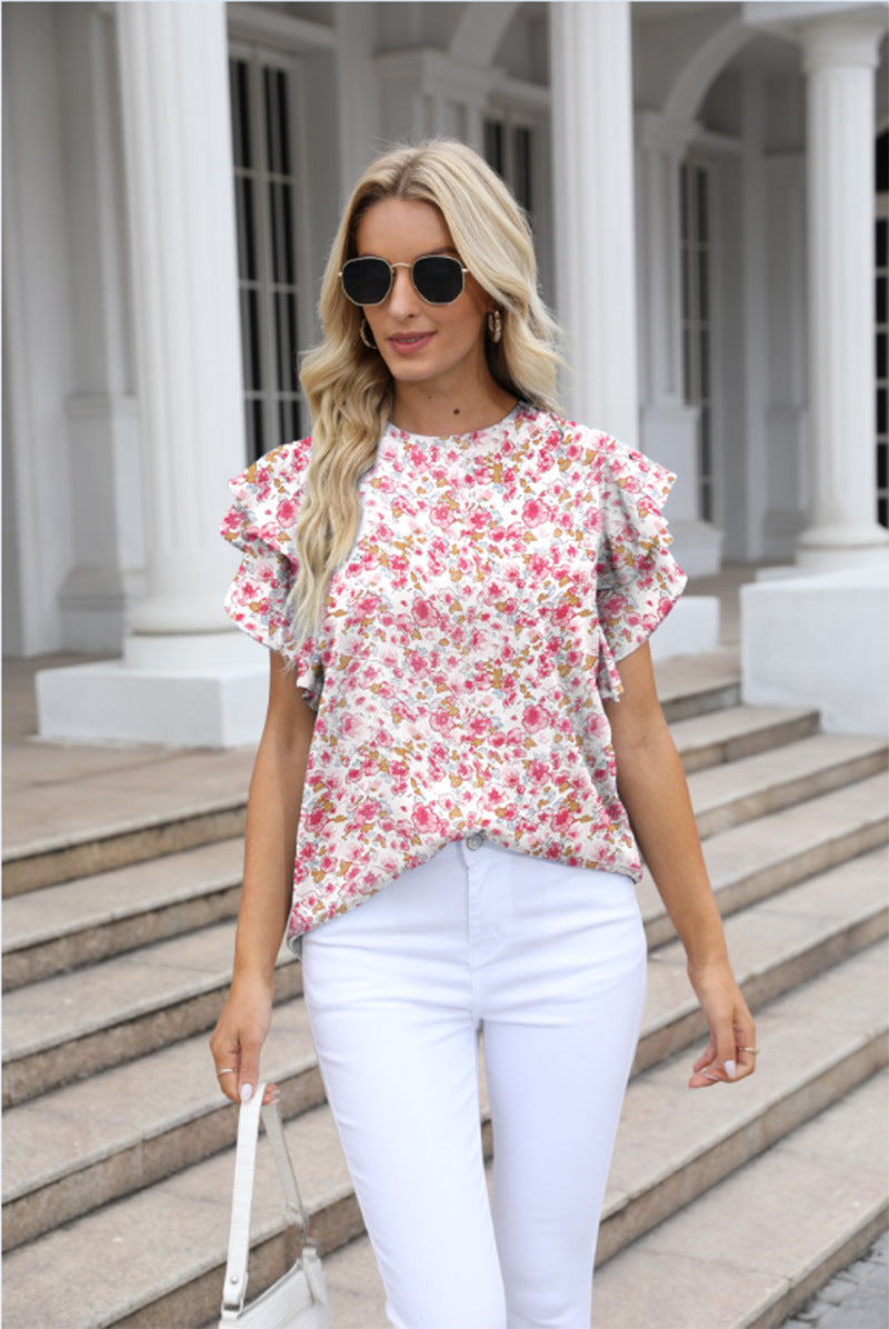 Women Summer round Neck Printed Ruffled Short Sleeves Chiffon Shirt Floral Pullover T shirt