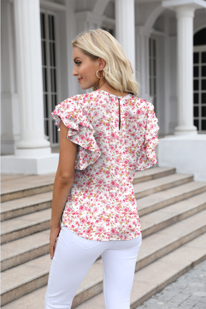 Women Summer round Neck Printed Ruffled Short Sleeves Chiffon Shirt Floral Pullover T shirt