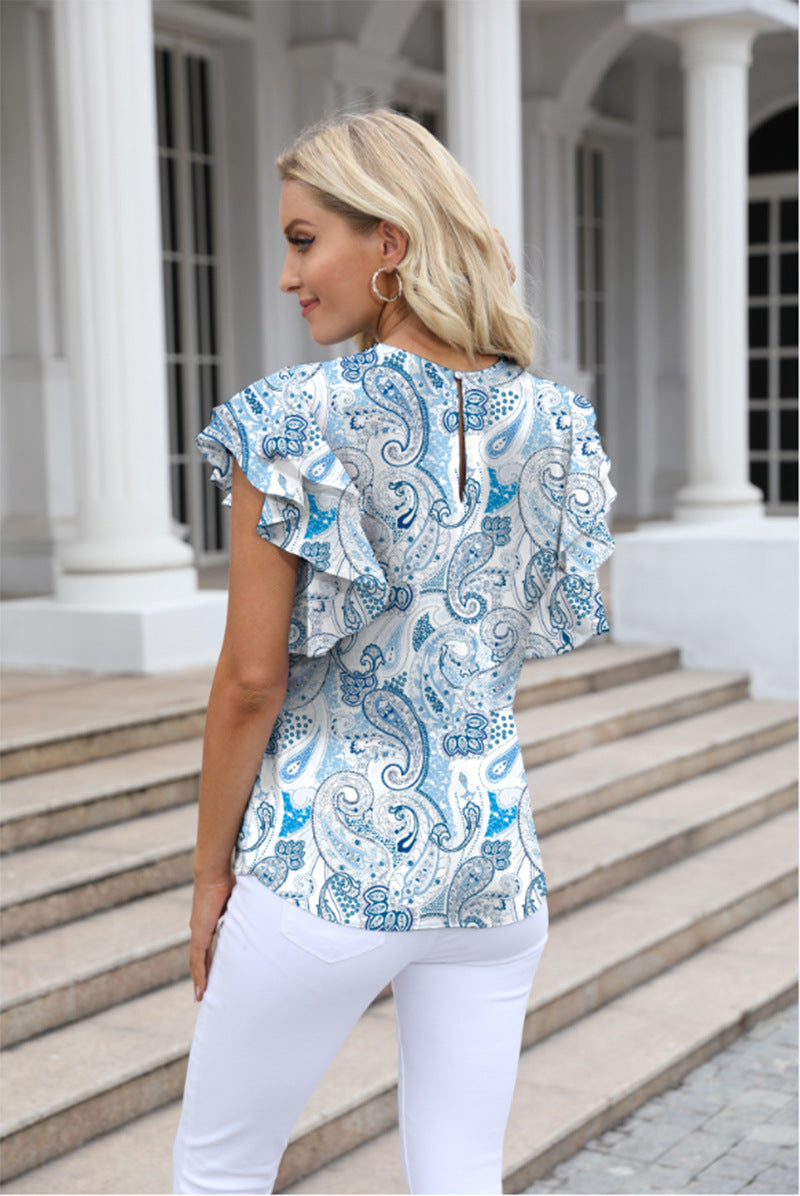 Women Summer round Neck Printed Ruffled Short Sleeves Chiffon Shirt Floral Pullover T shirt