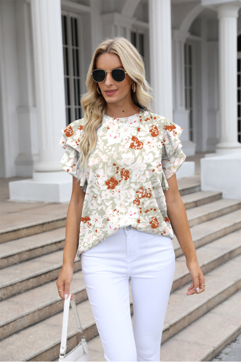 Women Summer round Neck Printed Ruffled Short Sleeves Chiffon Shirt Floral Pullover T shirt