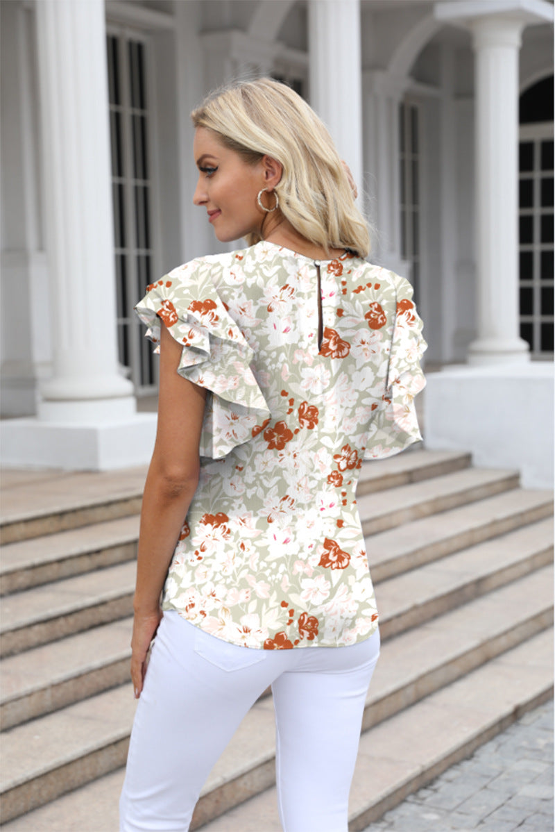 Women Summer round Neck Printed Ruffled Short Sleeves Chiffon Shirt Floral Pullover T shirt