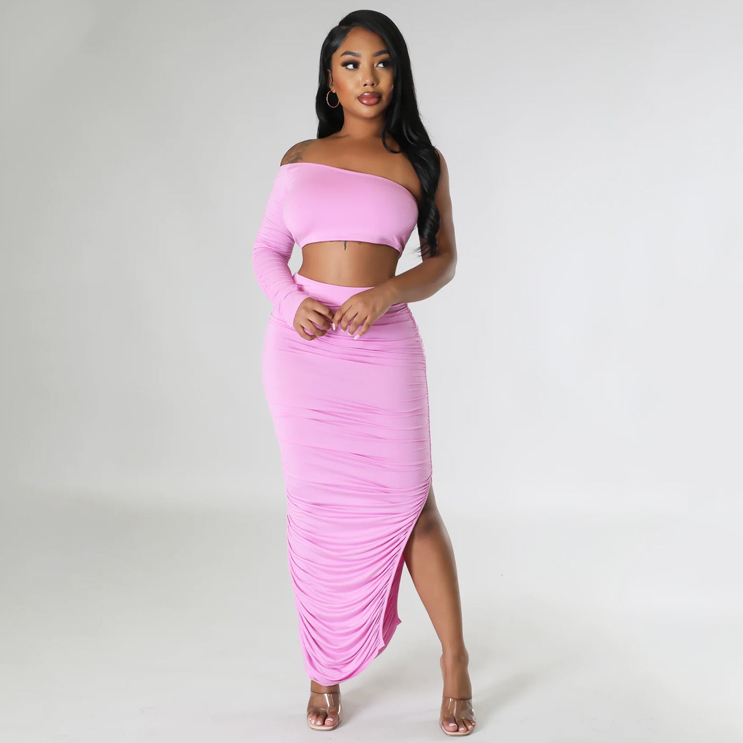 Summer One Shoulder Sleeve Women Clothing Sexy Tight Pleated Stitching Irregular Asymmetric Two Piece Set