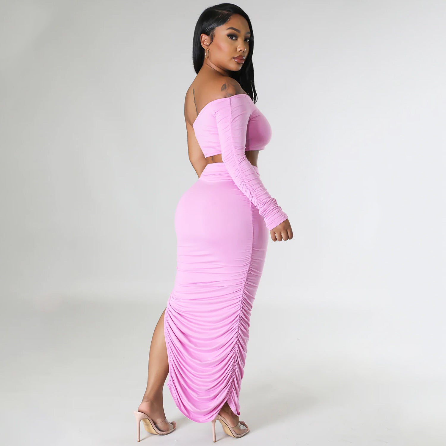 Summer One Shoulder Sleeve Women Clothing Sexy Tight Pleated Stitching Irregular Asymmetric Two Piece Set