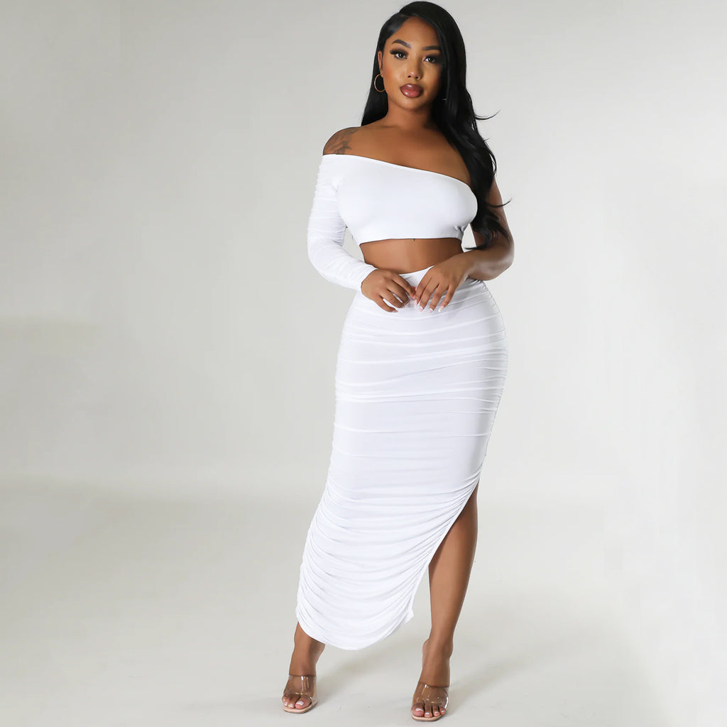 Summer One Shoulder Sleeve Women Clothing Sexy Tight Pleated Stitching Irregular Asymmetric Two Piece Set