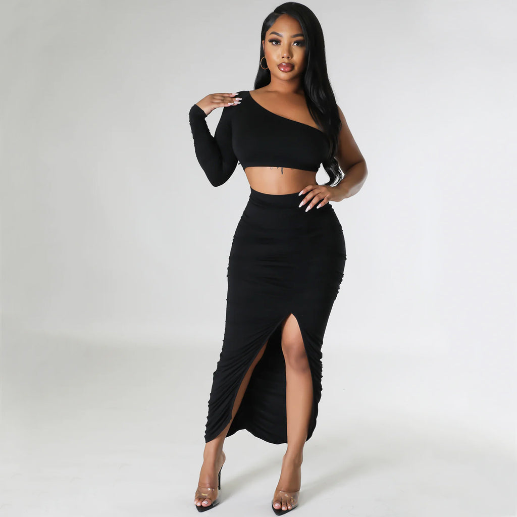 Summer One Shoulder Sleeve Women Clothing Sexy Tight Pleated Stitching Irregular Asymmetric Two Piece Set