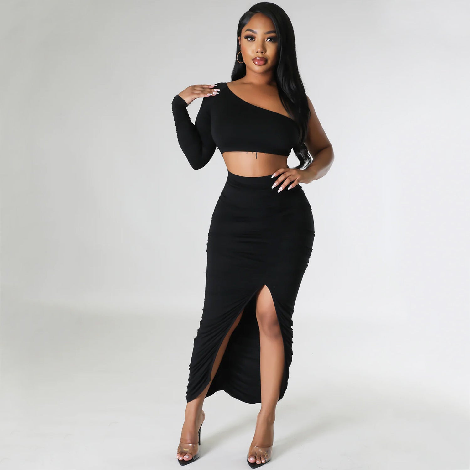 Summer One Shoulder Sleeve Women Clothing Sexy Tight Pleated Stitching Irregular Asymmetric Two Piece Set