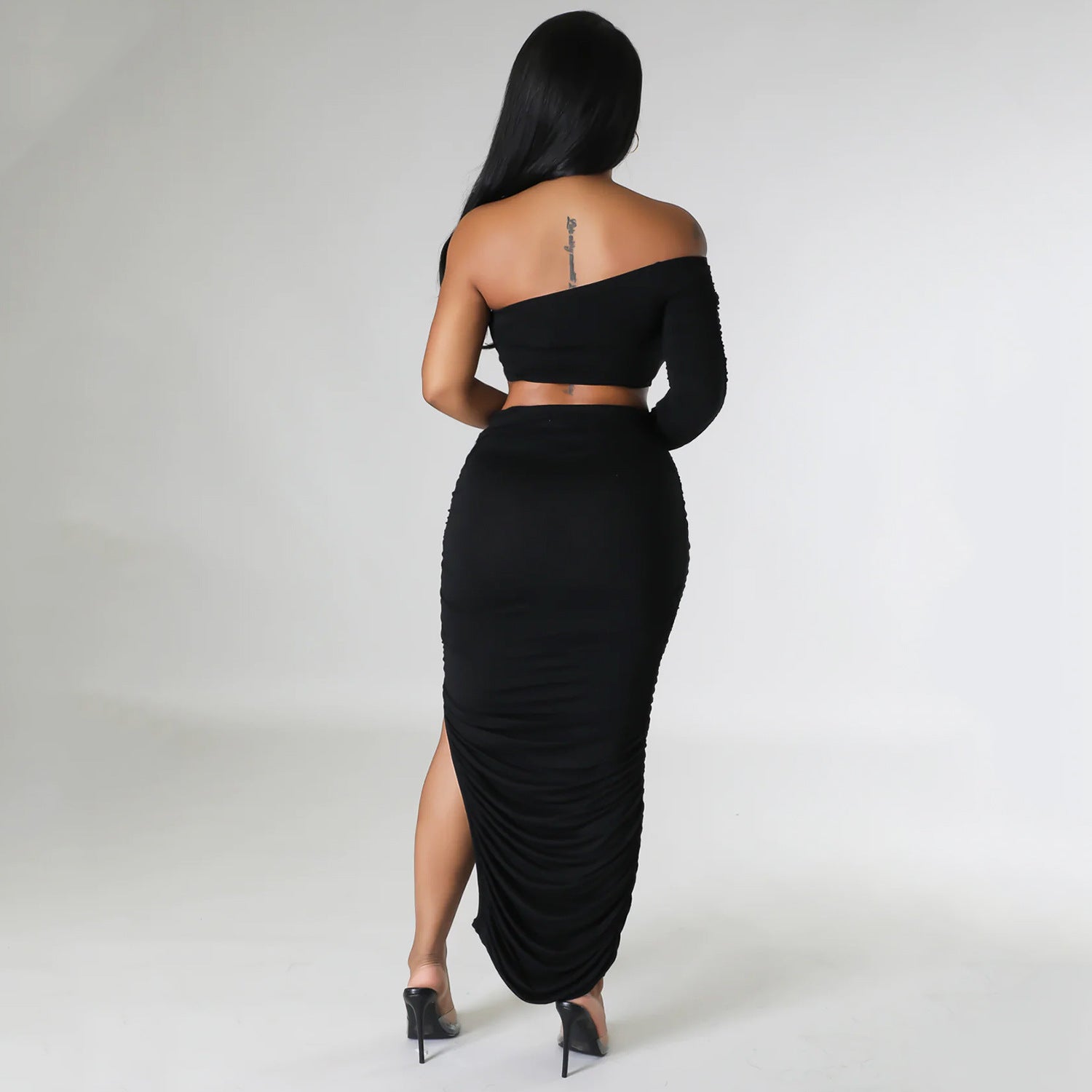 Summer One Shoulder Sleeve Women Clothing Sexy Tight Pleated Stitching Irregular Asymmetric Two Piece Set