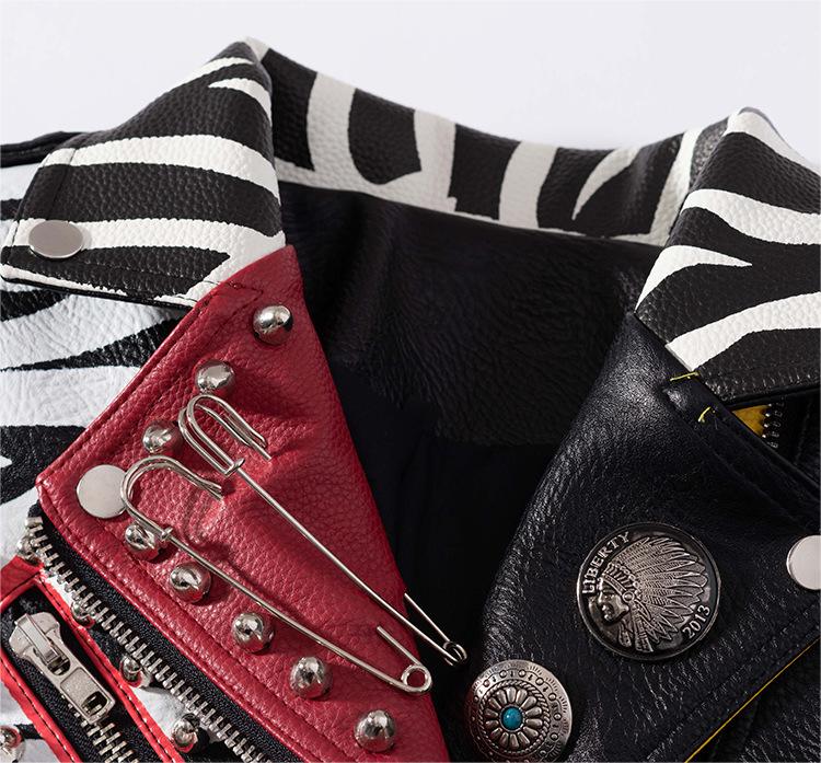 Fashionable Brand Coat Personalized Graffiti Leather Coat Color Contrast Short Slim Leather Jacket Rivet Motorcycle Leather Coat Women