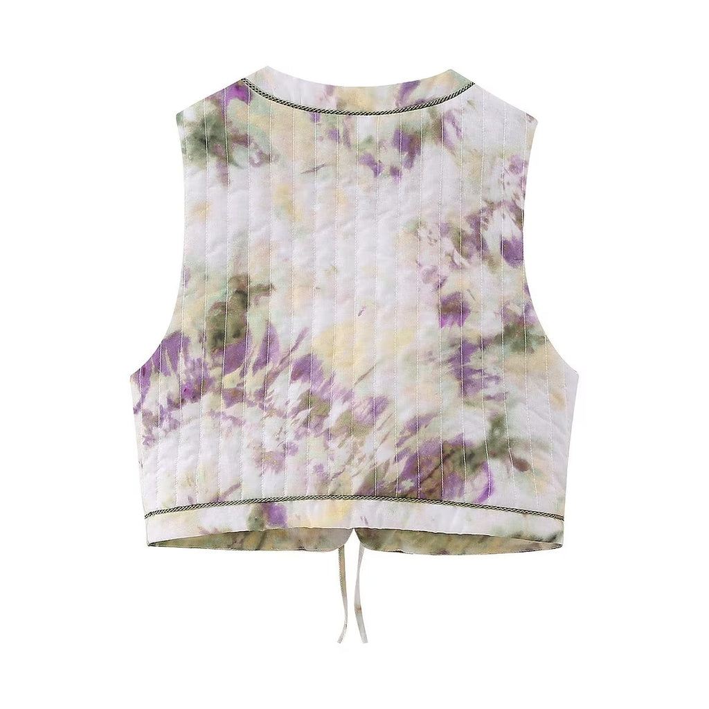 Women Clothing Summer Retro Sleeveless Lace up Vest Tie Dyed Printed Personality Vest Top