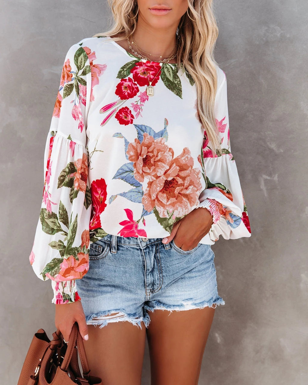 Women Spring and Summer New Printed Lantern Sleeve Long Sleeve Top