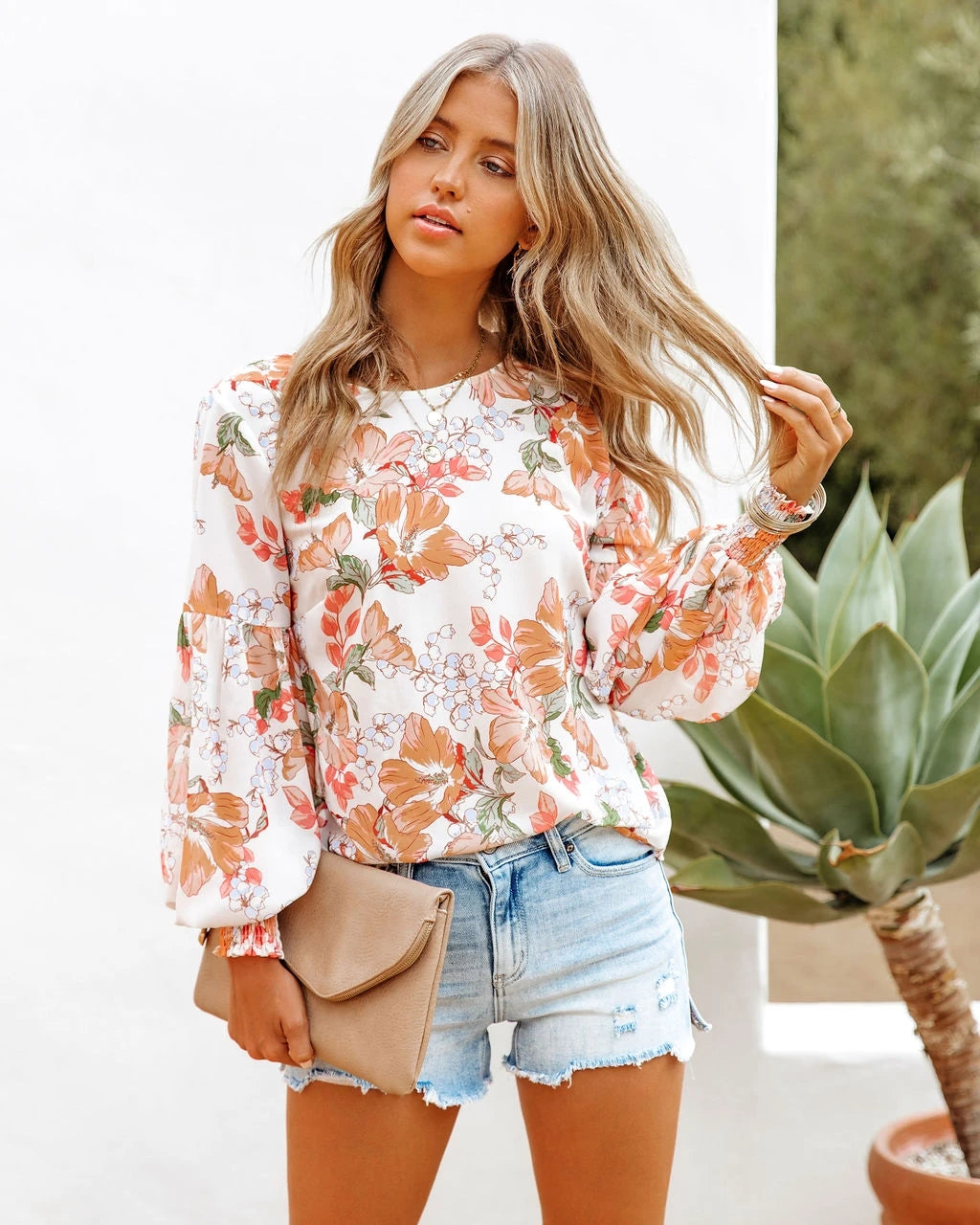 Women Spring and Summer New Printed Lantern Sleeve Long Sleeve Top