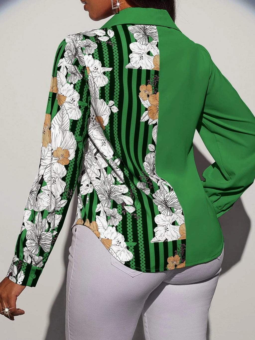 Women Spring and Summer New Printed Stitching Long sleeved Shoulder Shirt Top