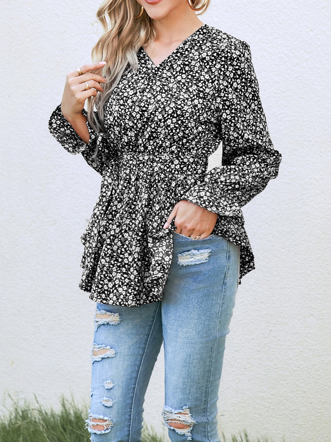 Women New Spring and Autumn Elegant Printed Strap Long sleeved Top