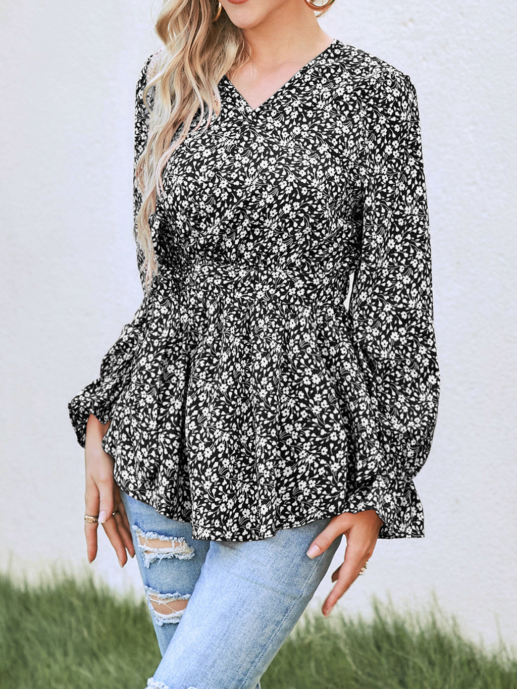 Women New Spring and Autumn Elegant Printed Strap Long sleeved Top