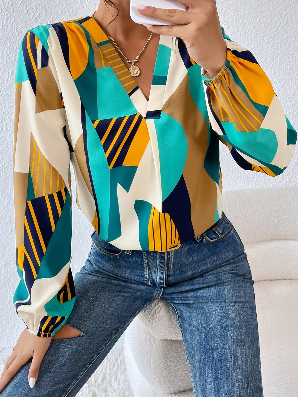 Women New Spring and Autumn Elegant Geometric Print Long Sleeve Shirt
