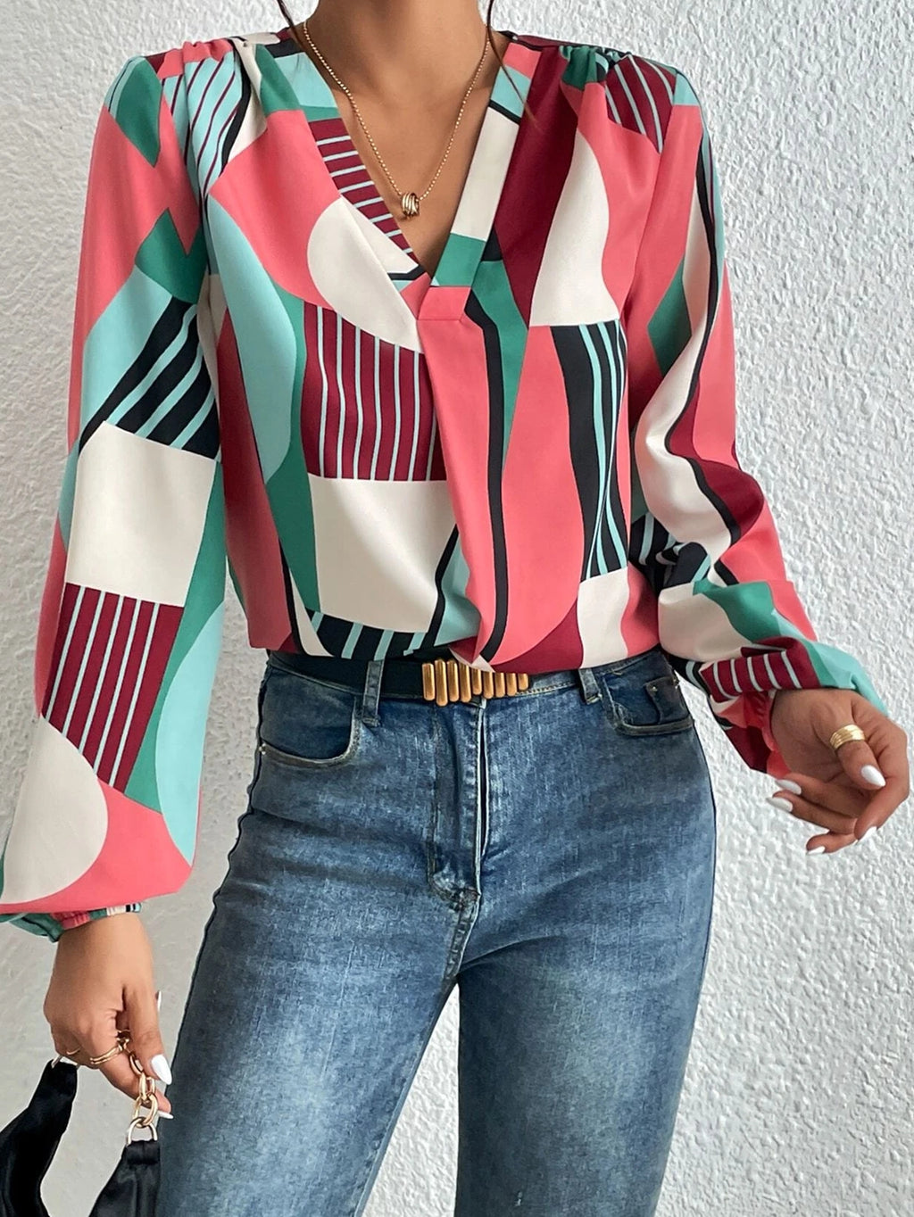 Women New Spring and Autumn Elegant Geometric Print Long Sleeve Shirt