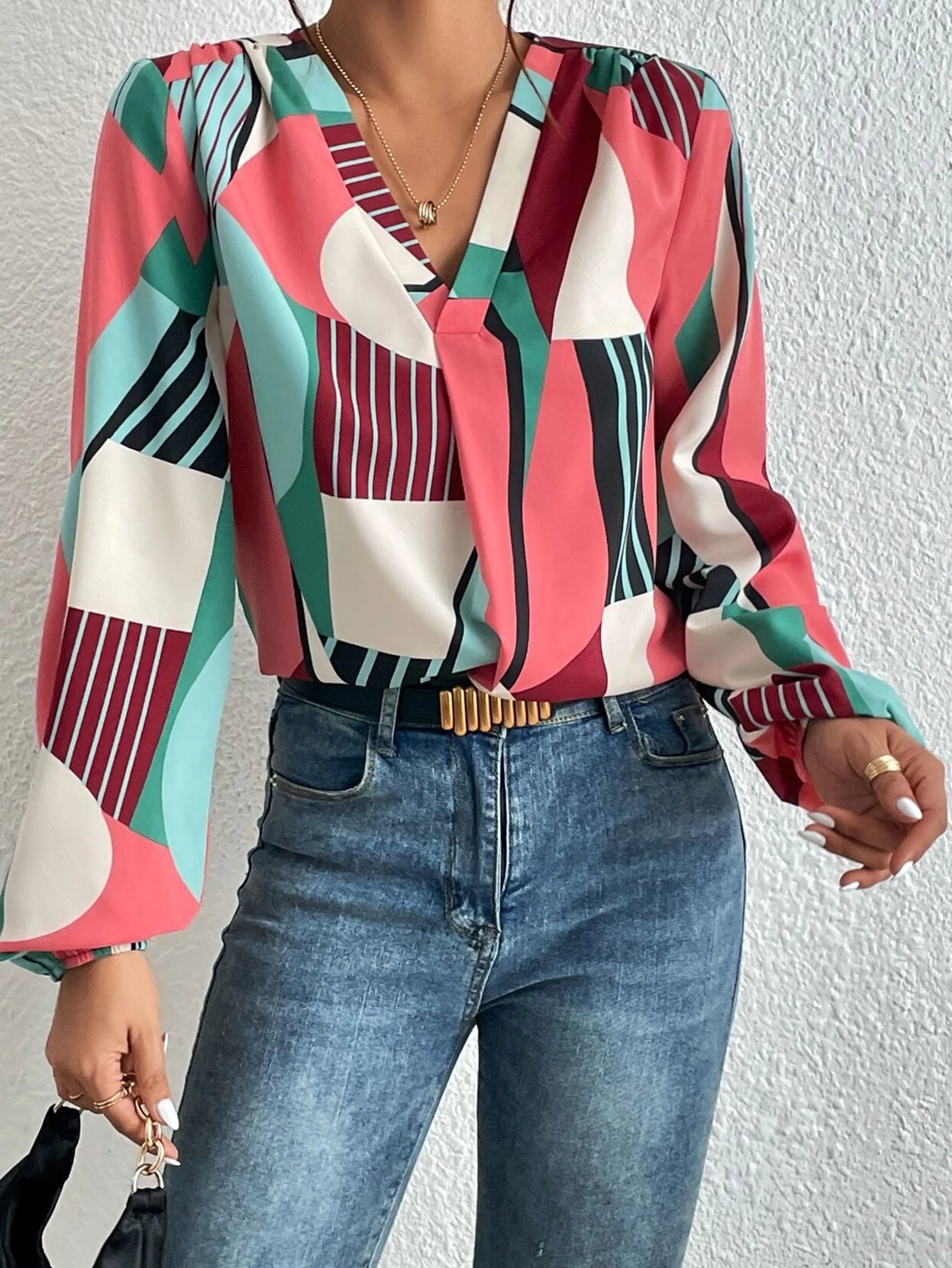 Women New Spring and Autumn Elegant Geometric Print Long Sleeve Shirt