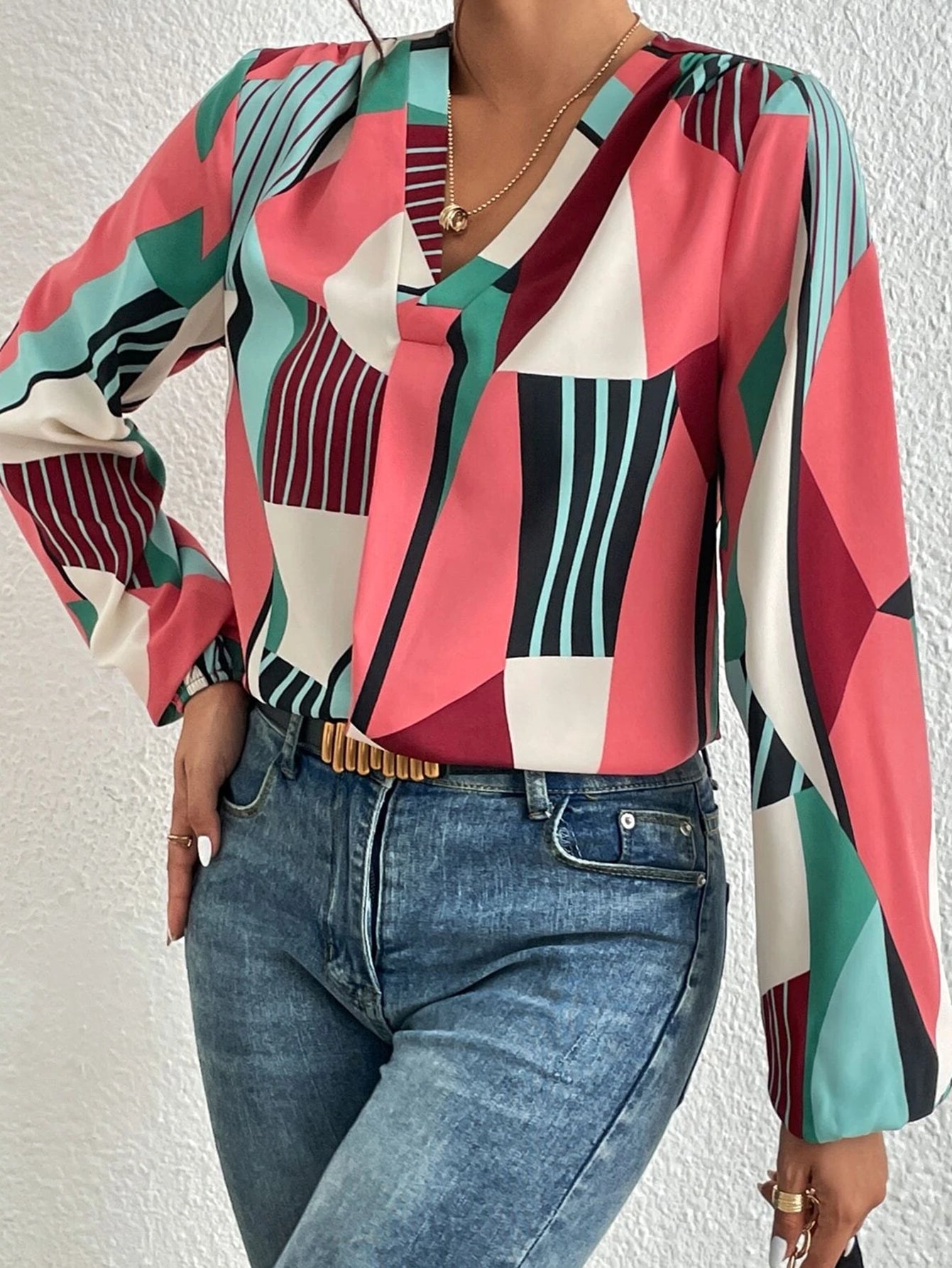 Women New Spring and Autumn Elegant Geometric Print Long Sleeve Shirt