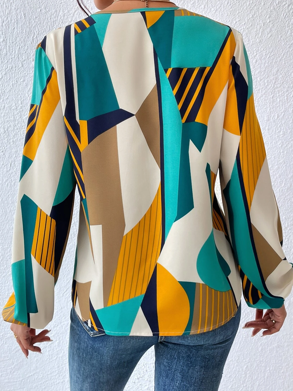 Women New Spring and Autumn Elegant Geometric Print Long Sleeve Shirt