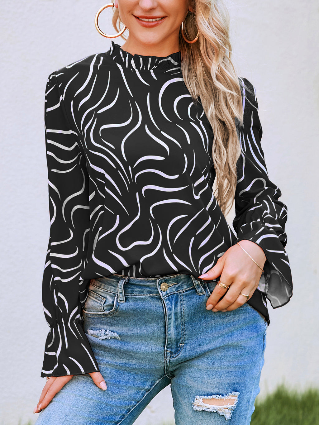 Women New Spring and Autumn Elegant Small Floral Print Long Sleeve Top