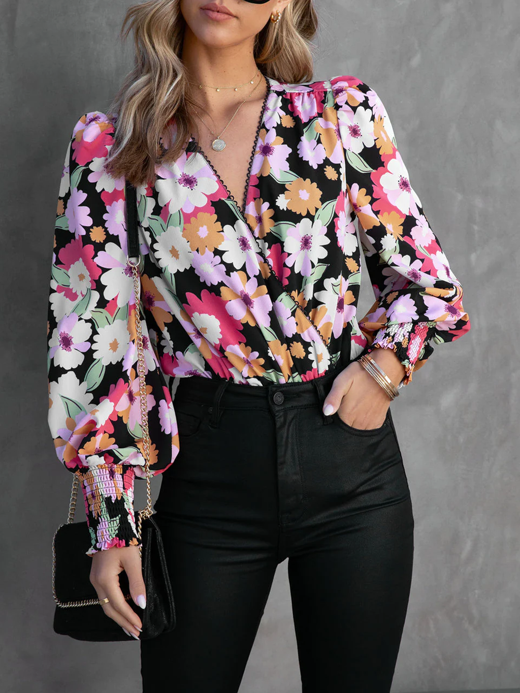 Women New Spring and Autumn Flower Printed Lace Patchwork Long Sleeve Top