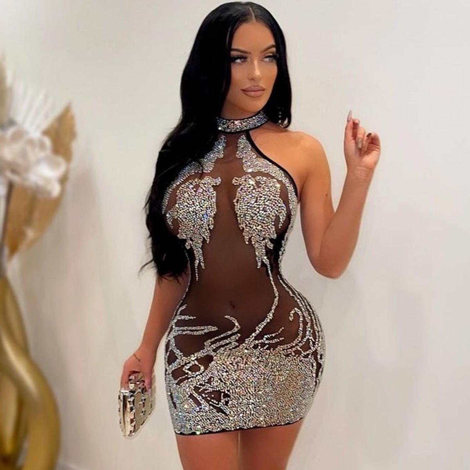 Summer Women Clothing Sexy Tight Mesh Drilling See Through Nightclub Ladies Dress