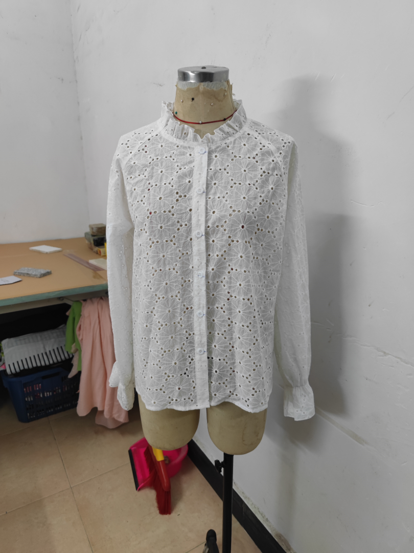 Ladies Shirt Pure Cotton Casual Hollow Out Cutout Design Lantern Long Sleeve Button Shirt