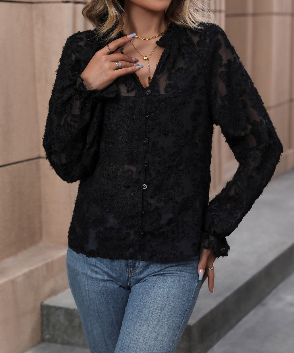 Vêtements d'automne pour femmes Haut français noir à manches longues