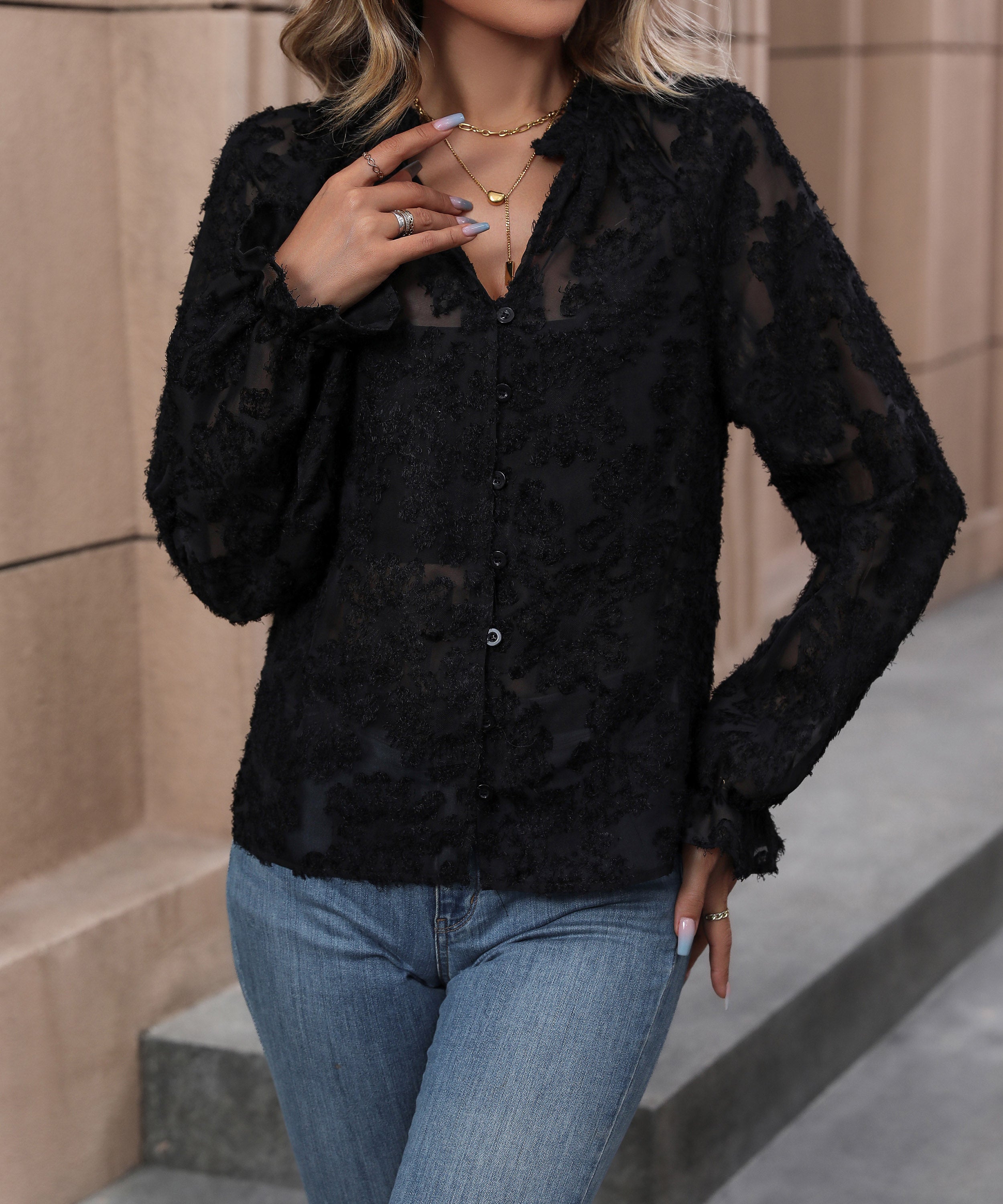 Vêtements d'automne pour femmes Haut français noir à manches longues