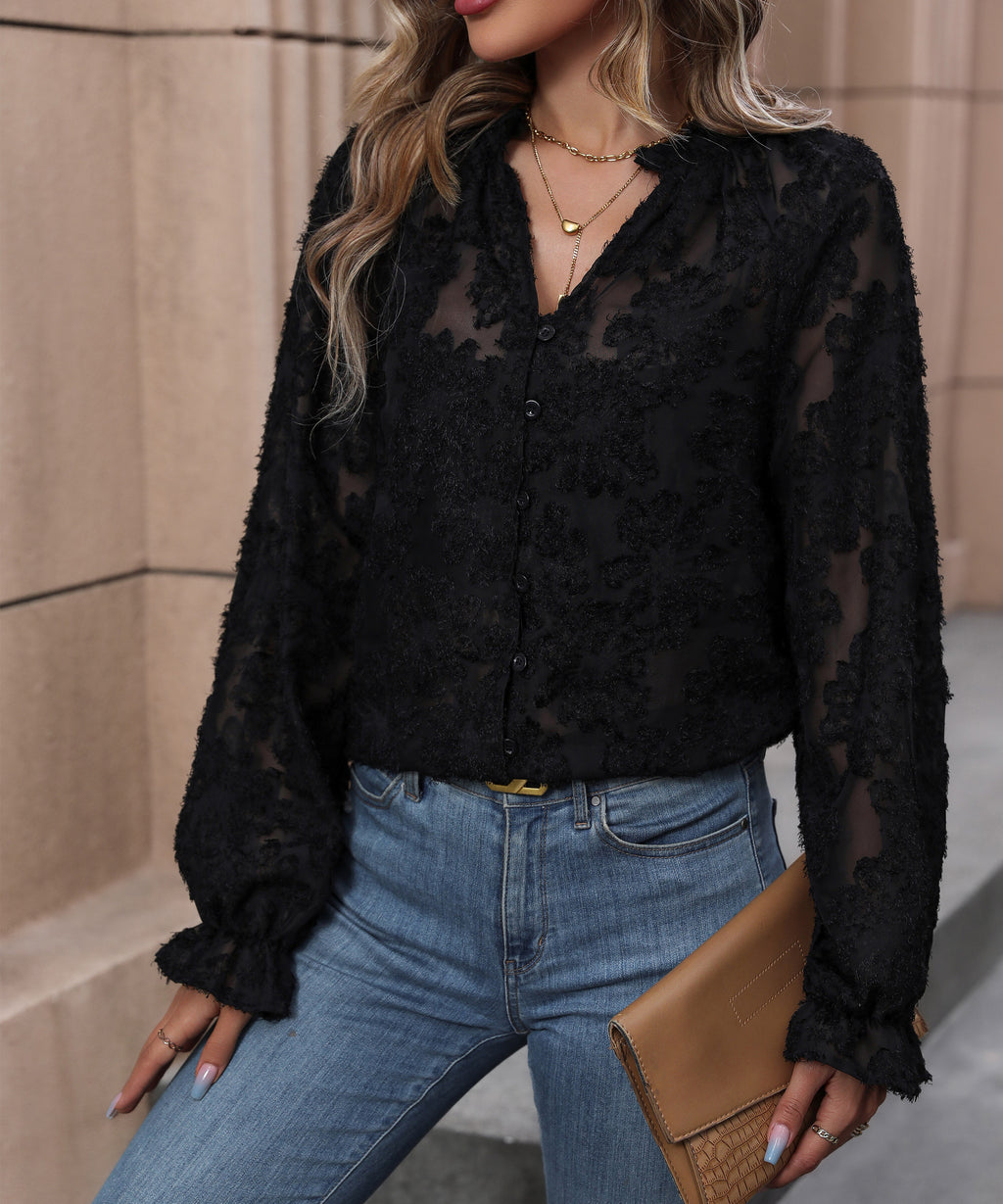 Vêtements d'automne pour femmes Haut français noir à manches longues