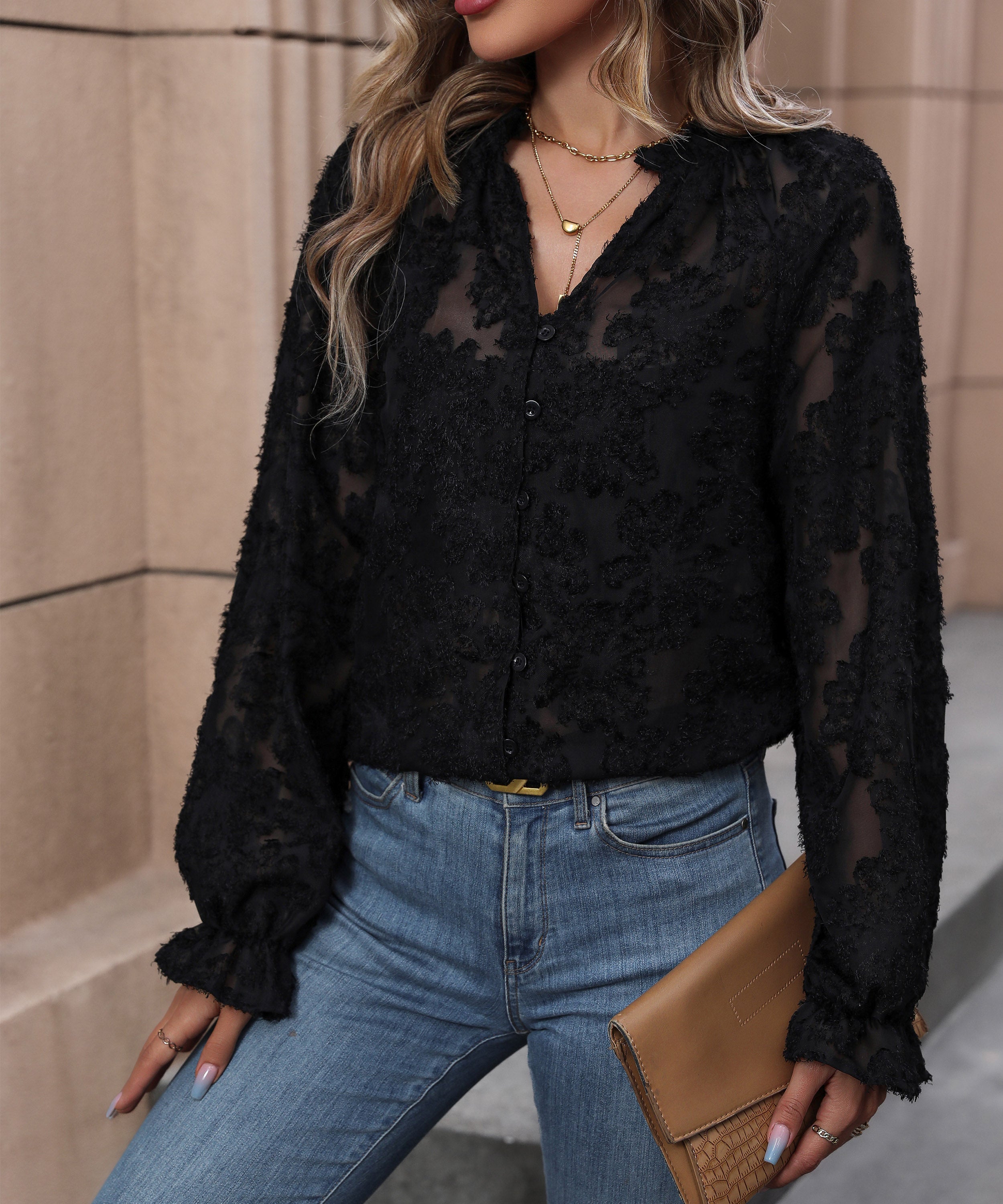 Vêtements d'automne pour femmes Haut français noir à manches longues