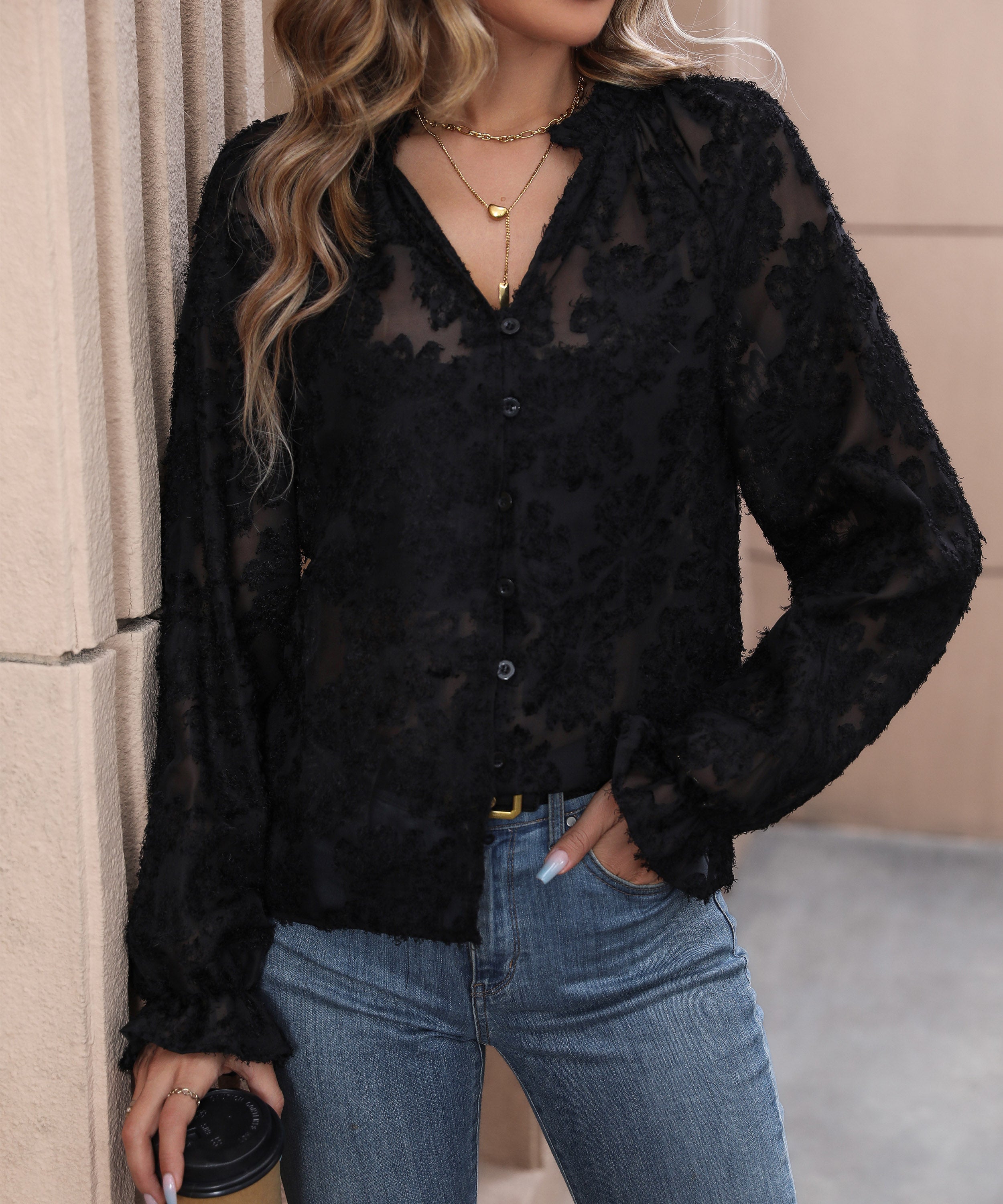 Vêtements d'automne pour femmes Haut français noir à manches longues