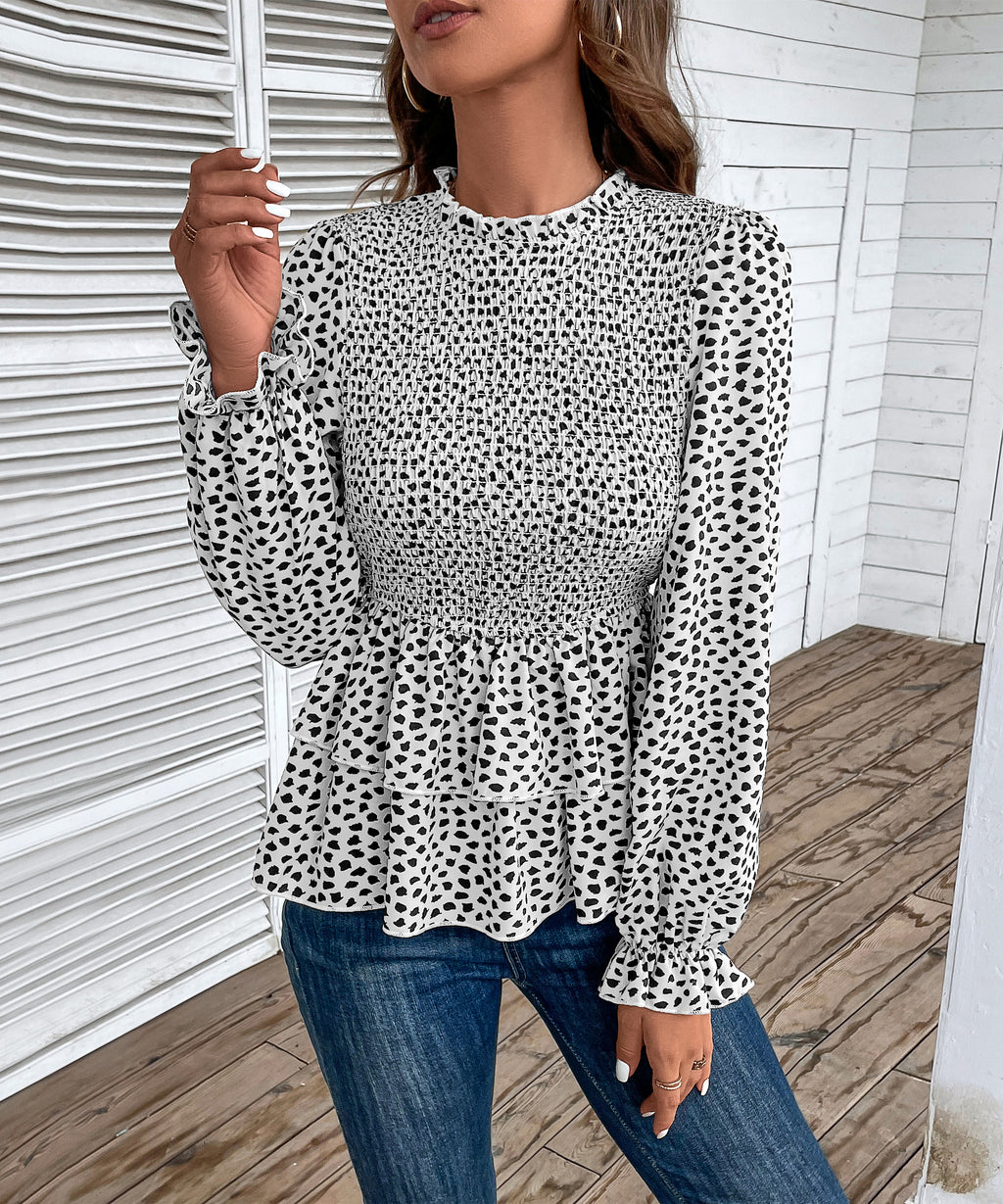 Autumn Women Clothing Mid Collar Printed Long Sleeve Shirt