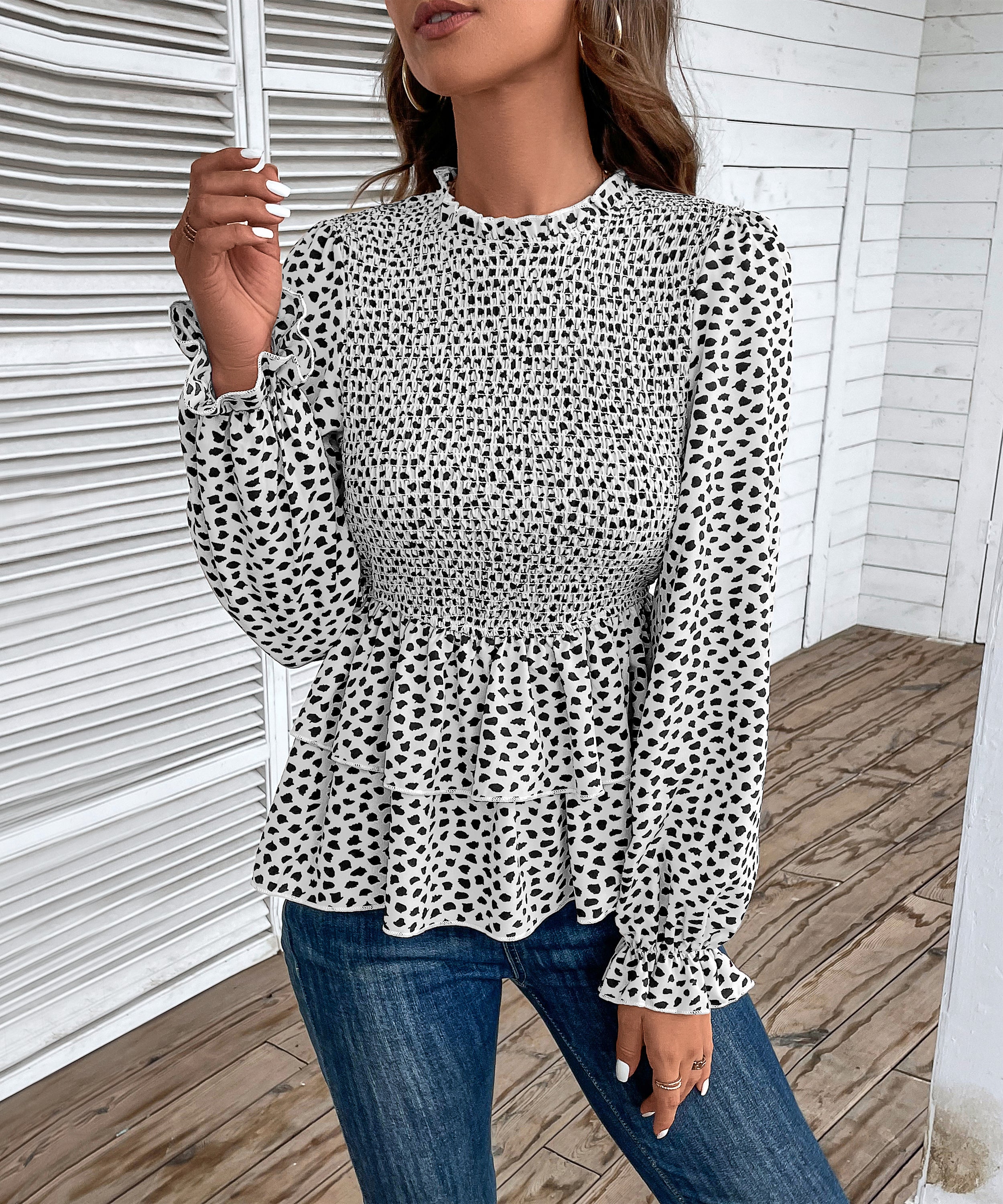 Autumn Women Clothing Mid Collar Printed Long Sleeve Shirt