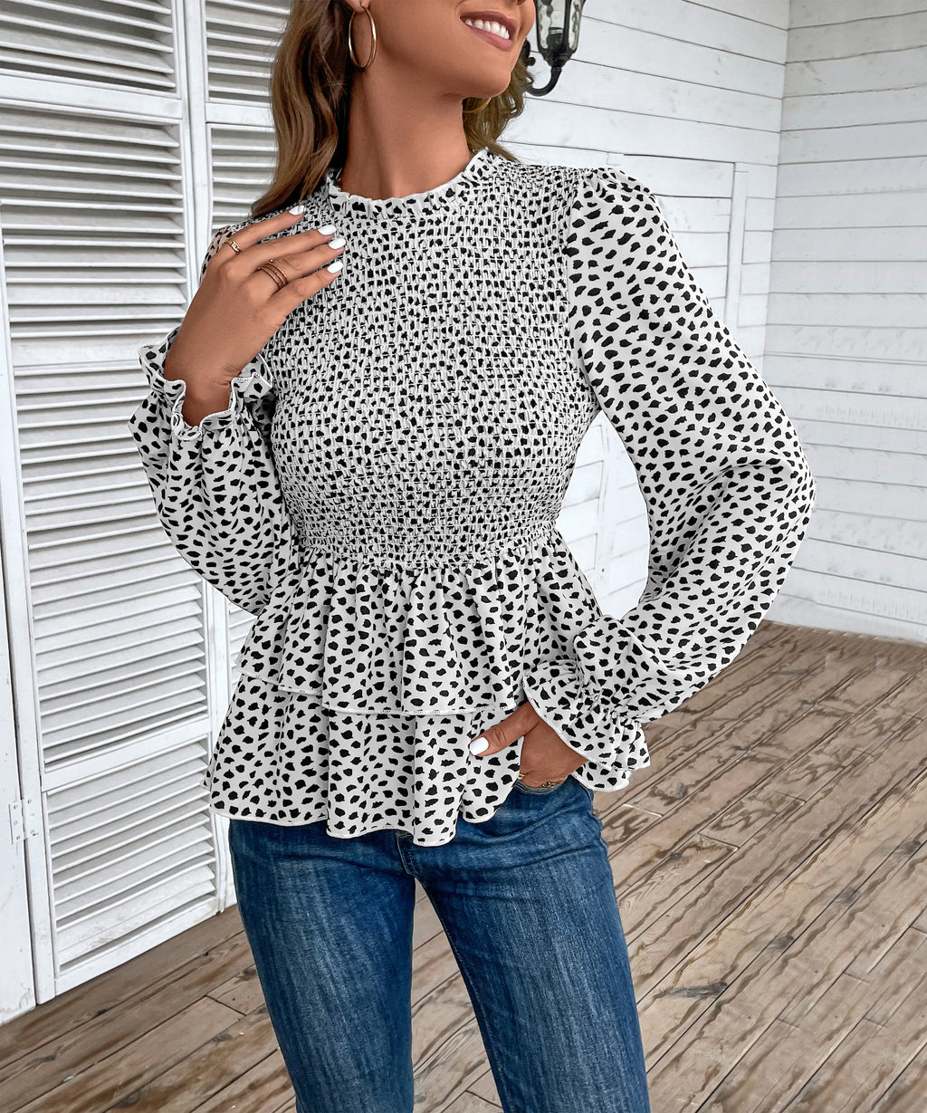 Autumn Women Clothing Mid Collar Printed Long Sleeve Shirt
