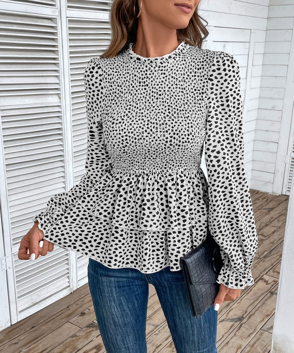 Autumn Women Clothing Mid Collar Printed Long Sleeve Shirt