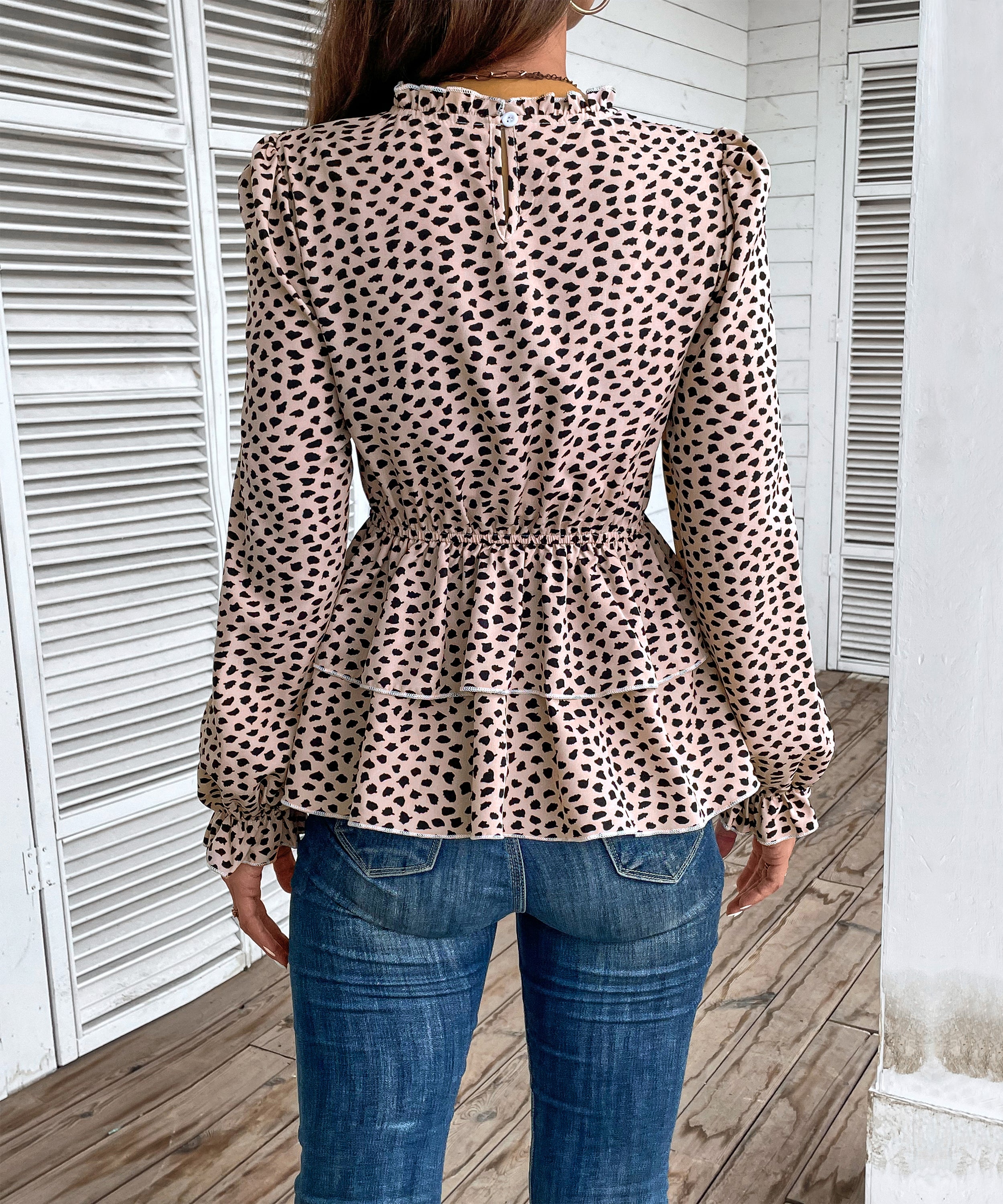 Autumn Women Clothing Mid Collar Printed Long Sleeve Shirt
