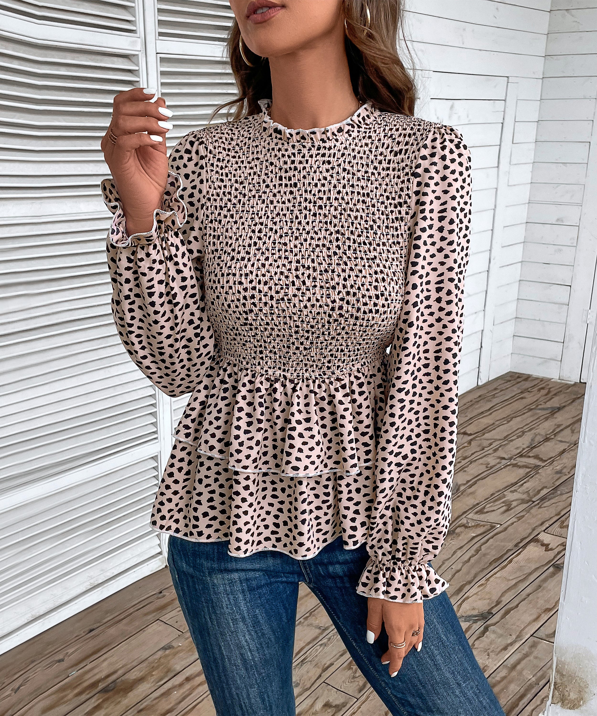 Autumn Women Clothing Mid Collar Printed Long Sleeve Shirt